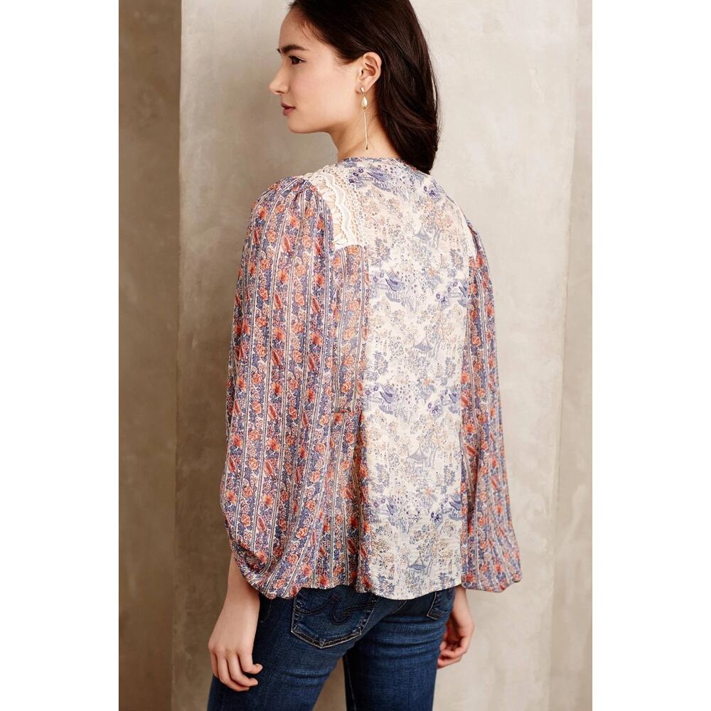 Anthro HD in Paris Chinoiserie Peasant Top Cottagecore Floral Blouse Women's 00P